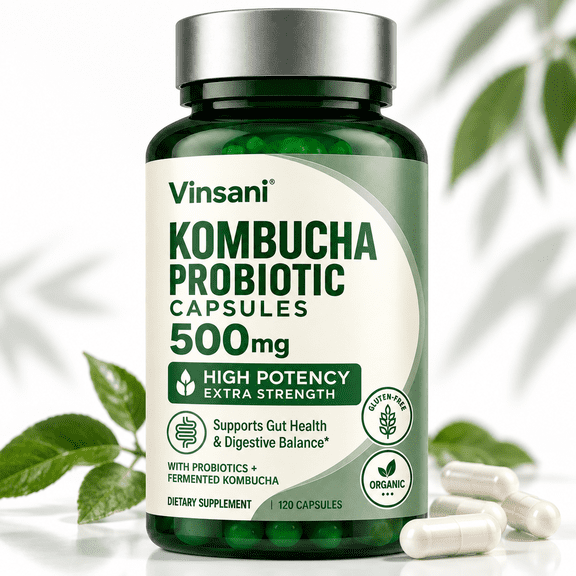 Kombucha Probiotic Dietary Supplement Capsules, 120 Count, High Potency Formula with Fermented Kombucha, Supports Gut Health & Digestive Balance, Organic Gluten Free