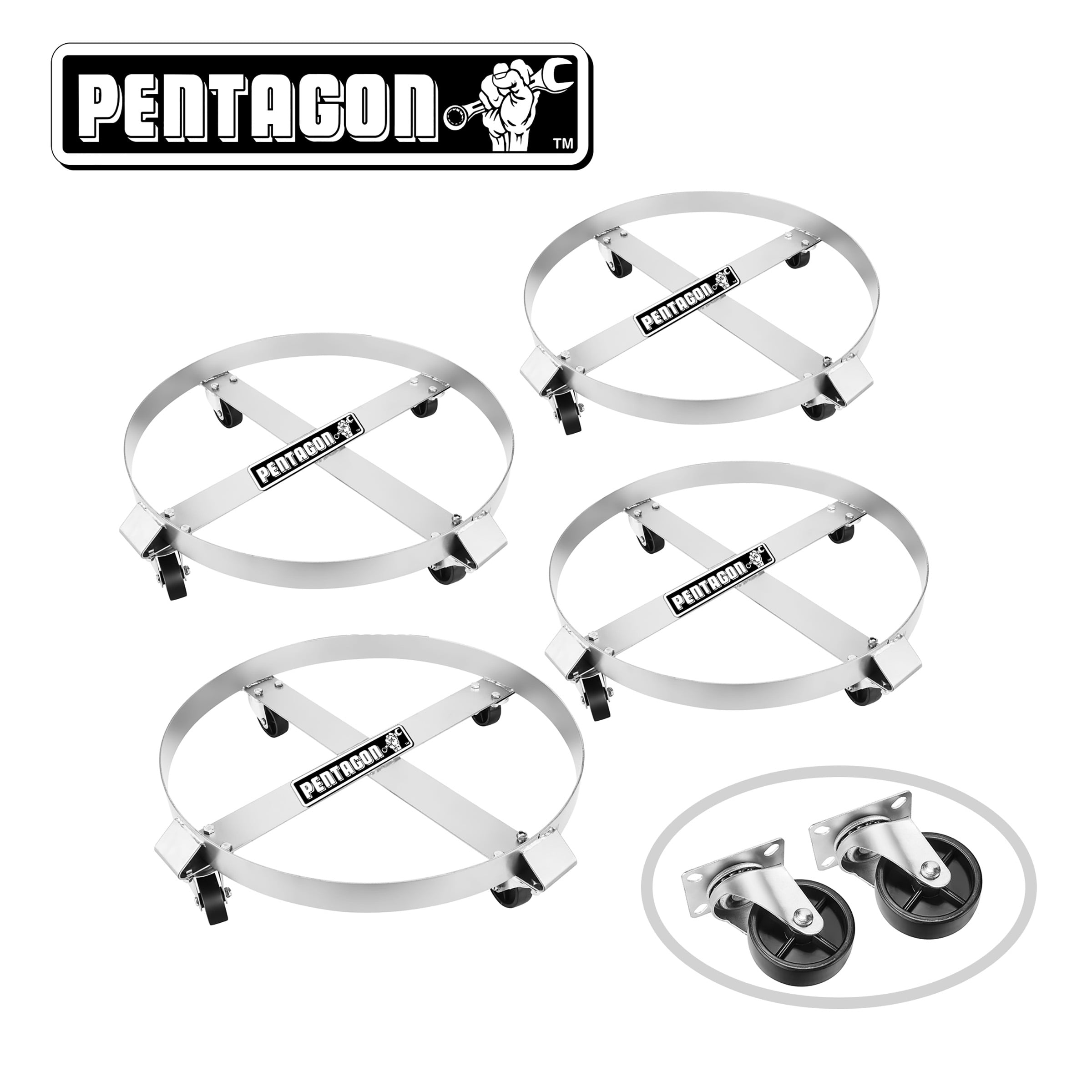 Pentagon Tools 55-Gallon Drum and Garbage Can Dolly Heavy-Duty Metal Dolly with Cross Braces and Caster Wheels 1,000-Pound Capacity, 4-Pack (Silver)