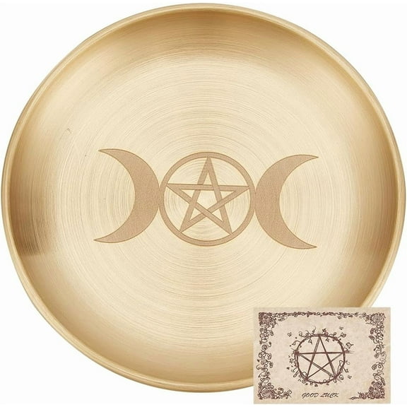 Pentagram Altar Plate Moon Tarot Plate Ritual Burning Candle Holder Bowls Offering Incense Aromatherapy Tray Ceremony Plate with Altar Card Home Decor for Witchcraft Wiccan Golden 5.55 Inch