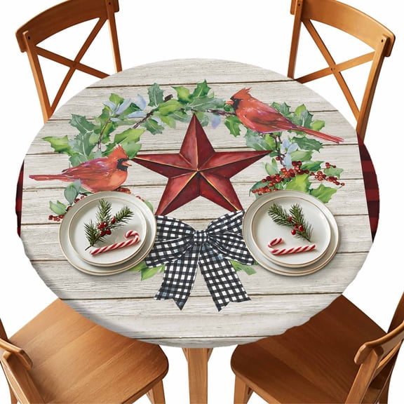 Pentagram Bird on Wood Board Fitted Round Tablecloths Table Covers 55"-60",Waterproof Table Cloth for Kitchen Holiday Party Tables Decor
