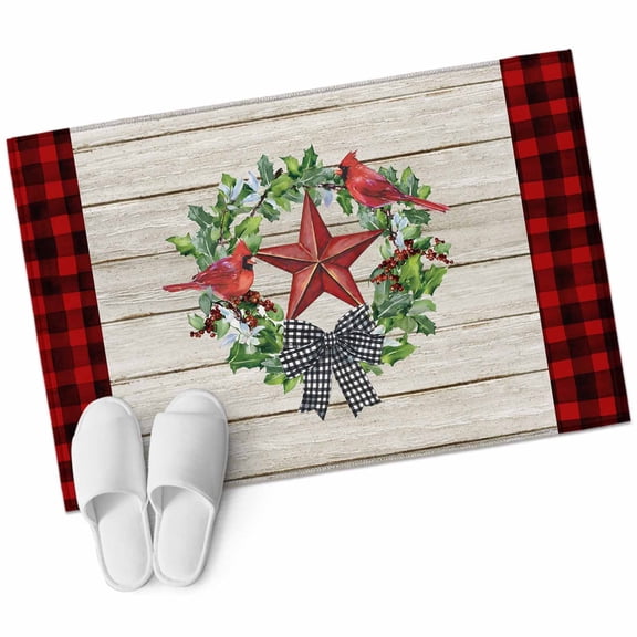 Pentagram with Black Plaid Bow Area&nbsp;Rug 2x3ft Berry Bird Farm Red Plaid Vintage Wood Non-Slip&nbsp;Washable Square&nbsp;Rugs Soft Felt Indoor Floor Mat for Bedroom Kitchen Living Room Bathroom