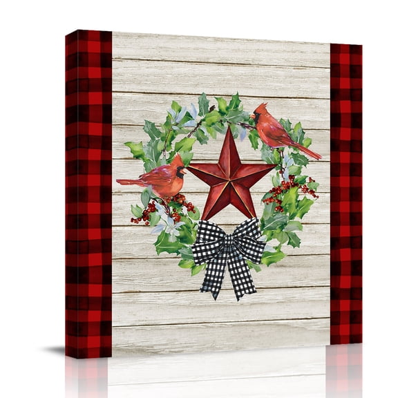 Pentagram with Black Plaid Bow Canvas Wall Art for Living Room, Berry Bird Farm Red Plaid Vintage Wood Poster Print Painting for Bedroom Office Home Decoration Wall Pictures Prepare To Hang 8"x8"