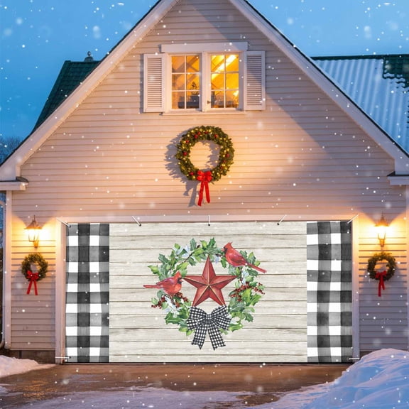 Pentagram Black Plaid Bow Garage Door Banner Covers, Leaves Berry Bird Vintage Wood Farm Large Hanging Indoor/Outdoor Backdrop Background for Christmas Winter Party Decor, 6x13 FT