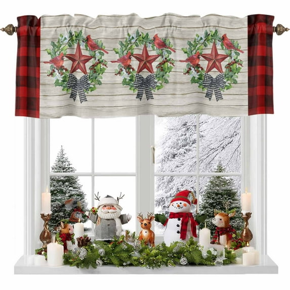 Pentagram with Black Plaid Bow Valances for Windows, 42 x 18in, Berry Bird Farm Red Plaid Vintage Wood Rod Pocket Kitchen Valance Curtain Light Filtering Window Treatments for Living Room Bedroom