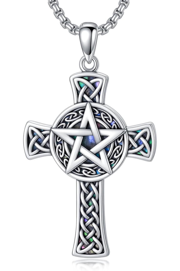 Pentagram Cross Necklace 925 Sterling Silver Irish Celtic Knot Pendant Necklace Religious Jewelry Gifts for Men