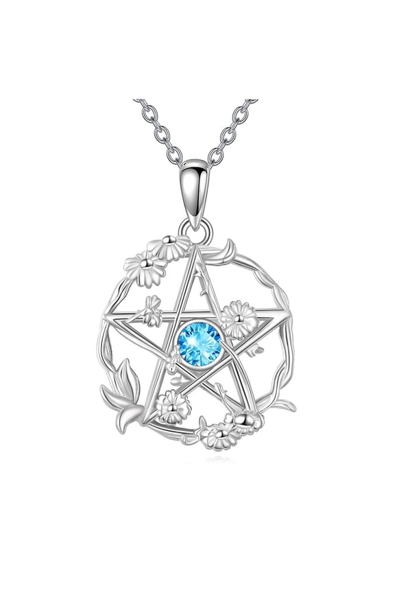 Pentagram Daisy Necklace for Women 925 Sterling Silver Birthstone Pentacle Pendant December Jewelry Birthday Gifts