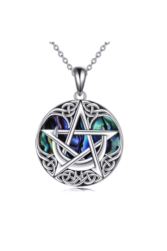 Pentagram Necklace Sterling Silver Abalone Moon Pentagram Pentacle Pendant Celtics Wiccan Magic Amulet Pagan Jewelry for Women (pentagram necklace)
