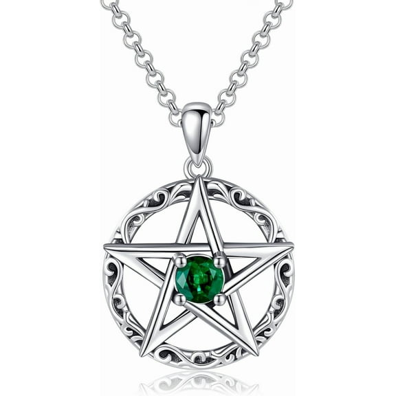 Pentagram Necklace for Women Men 925 Sterling Silver Pentacle Necklace for Men Emerald Wiccan Jewelry 20 inch