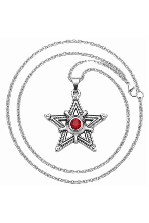 Pentagram Pendant Necklace Stainless Steel 18 Inch Cable Chain Red Stone Silver Tone Celestial Jewelry Gift Accessory