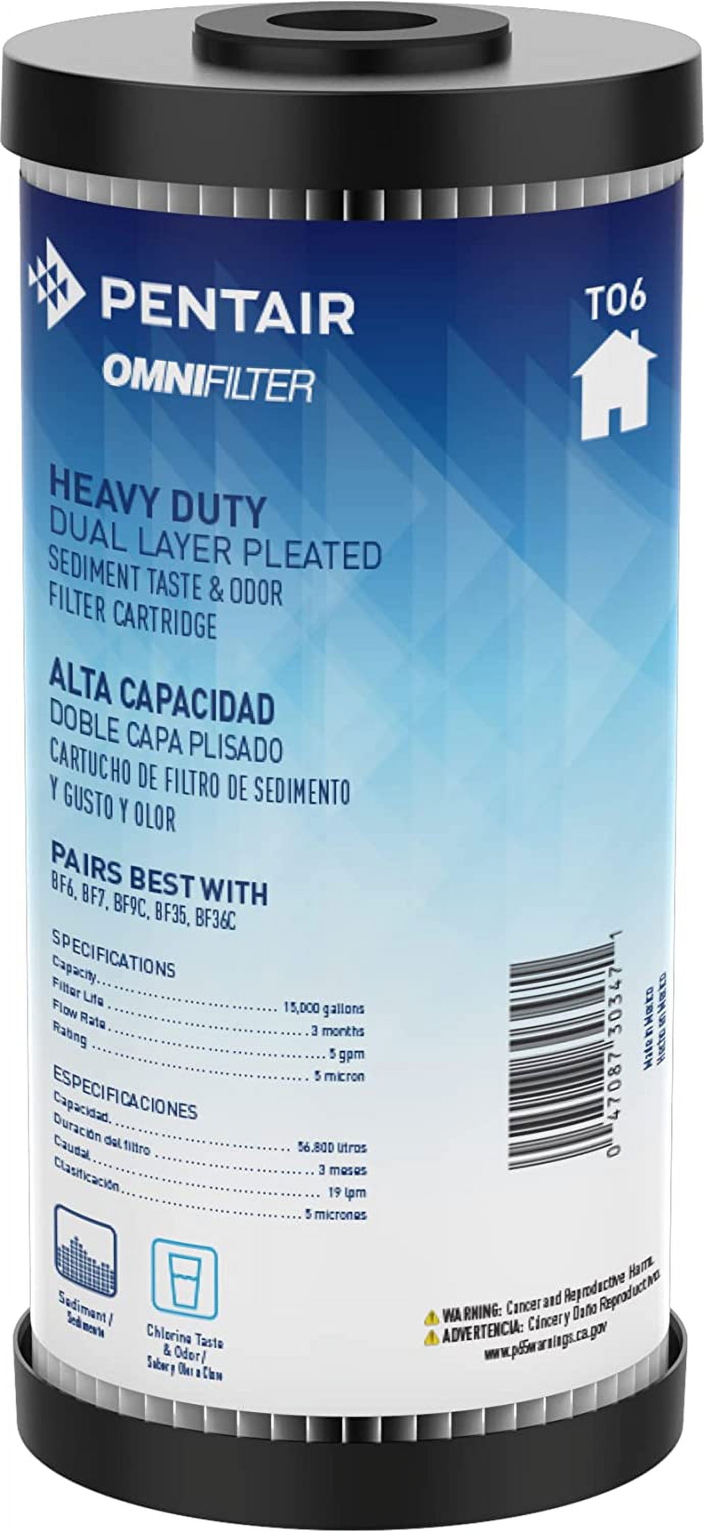Pentair OMNIFilter TO6 Carbon Water Filter, 10-Inch, Whole House Heavy Duty Dual Layered Pleated Sediment and Carbon Wrap Taste & Odor Replacement Cartridge, 10" x 4.5", 5 Micron