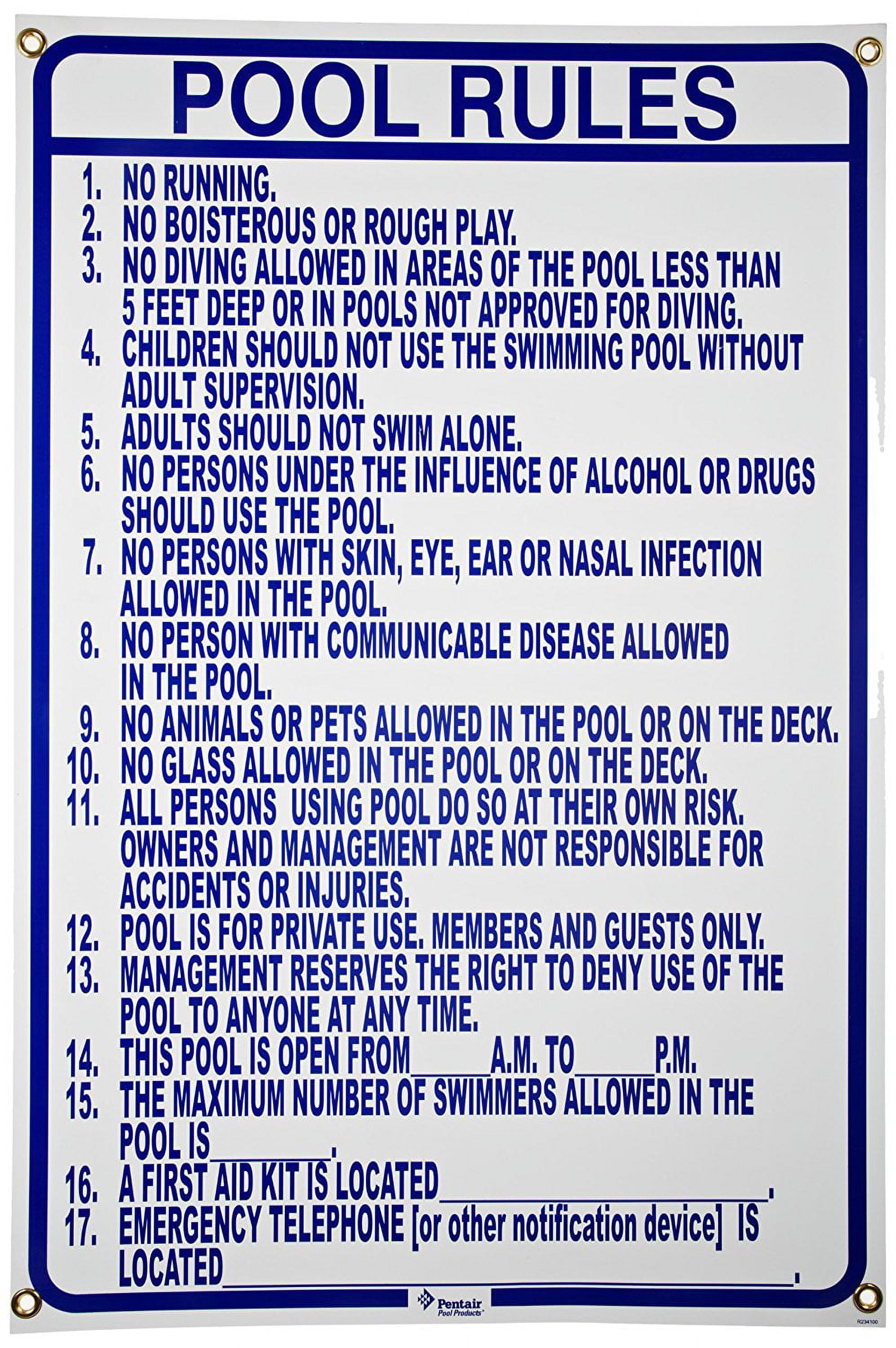 Pentair Rainbow R234100 24" x 36" North Carolina Pool Rules Sign