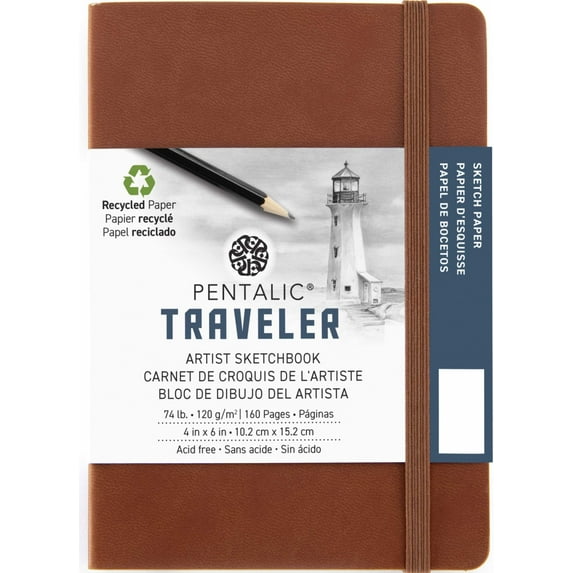 Pentalic 4x6 Brown Traveler Pocket Artist Drawing Journal, 160 Pages, 74 lb Paper