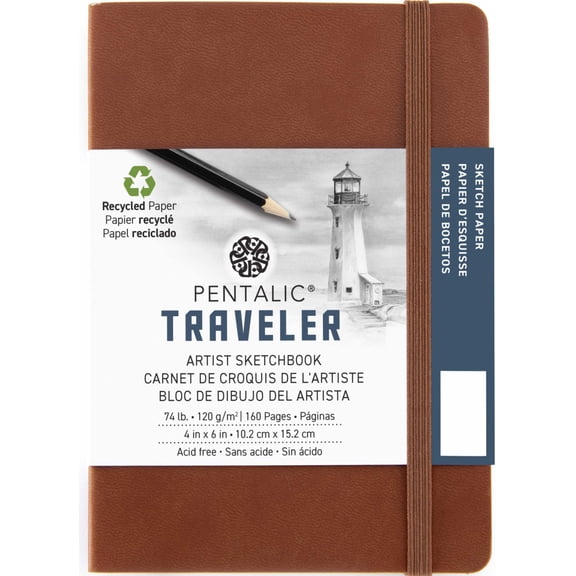Pentalic Traveler 4" x 6" Drawing Artist Pocket Brown Cover, 160 Pages, 74 lb Paper