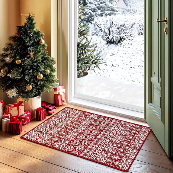 Pentantan 2'x3' Christmas Small Area Rugs, Washable Indoor Kitchen Rug for Entry Hallway Bathroom Bedroom, Vintage Soft Area Rug, Non Slip Back, Red/White