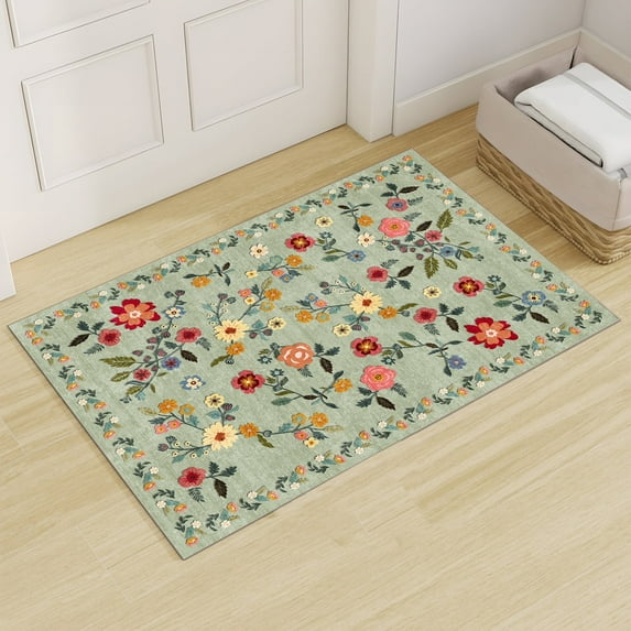 Pentantan 2'x3' Floral Area Rugs, Machine Washable Rug for Living Room- Soft Indoor Carpet, Low Pile for Bedroom, Dining Room, Playroom, Office, Green