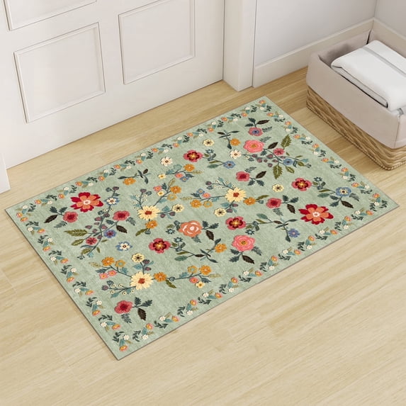 Pentantan 2'x3' Floral Area Rugs, Machine Washable Rug for Living Room- Soft Indoor Carpet, Low Pile for Bedroom, Dining Room, Playroom, Office, Green