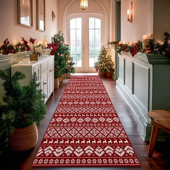 Pentantan 2'x6' Christmas Area Rugs for Hallway Kitchen, Machine Washable Rug Low Pile with Non Slip Backing, Bedroom Bathroom Entryway, Red