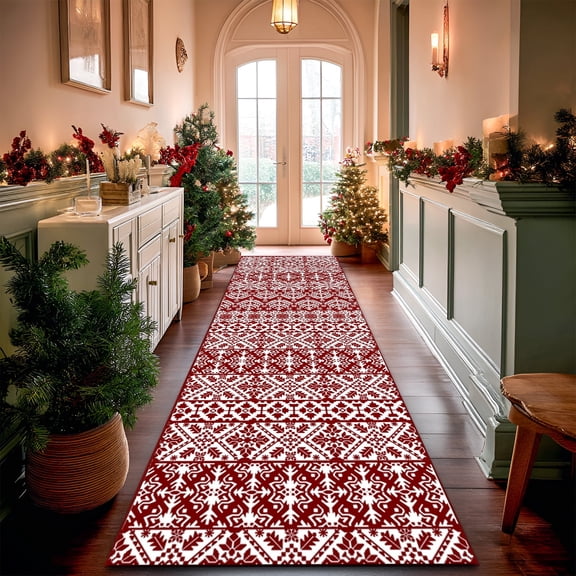 Pentantan 2'x6' Christmas Area Rugs for Hallway Kitchen, Machine Washable Rug Low Pile with Non Slip Backing, Bedroom Bathroom Entryway, Red/White