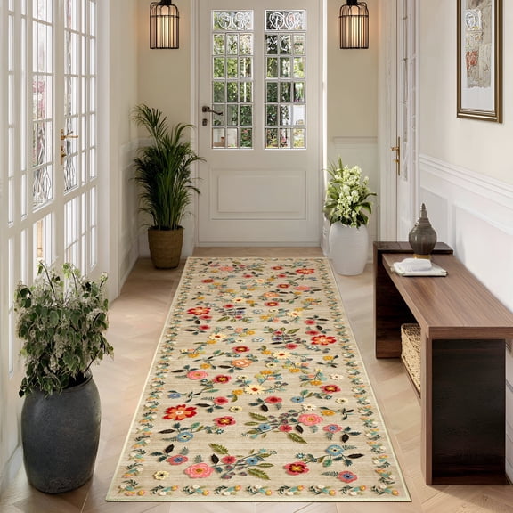 Pentantan 2'x8' Floral Area Rugs, Machine Washable Rug for Living Room- Soft Indoor Carpet, Low Pile for Bedroom, Dining Room, Playroom, Office