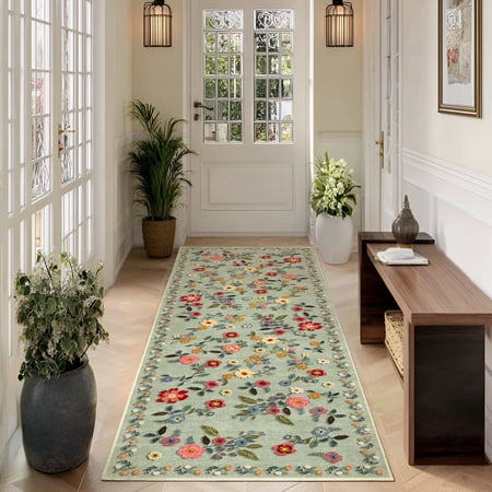 Pentantan 2'x8' Floral Area Rugs, Machine Washable Rug for Living Room- Soft Indoor Carpet, Low Pile for Bedroom, Dining Room, Playroom, Office, Green