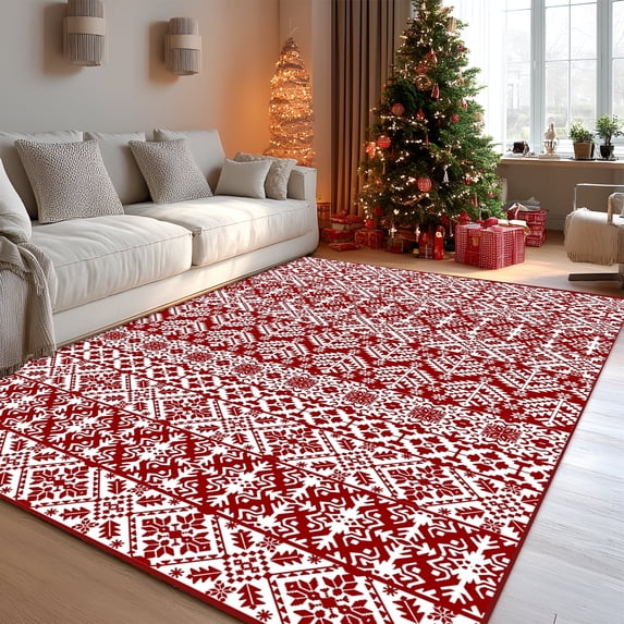 Pentantan 5'x7' Christmas Area Rugs for Living Room, Machine Washable Rug Printed Holiday Decor, Non-Slip Rug, Red/White