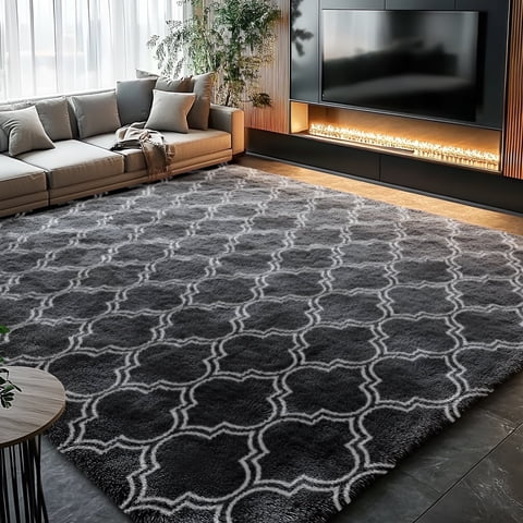 Pentantan 5ft x 8ft Geometric Shag Area Rugs for Living Room, Moroccan Fluffy Bedroom Carpet, Dark Gray