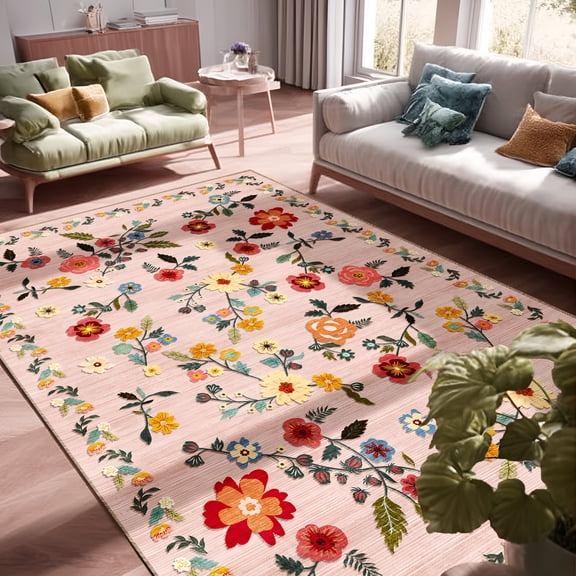 Pentantan 8'x10' Floral Area Rugs, Machine Washable Rug for Living Room- Soft Indoor Carpet, Low Pile for Bedroom, Dining Room, Playroom, Office, Light Pink