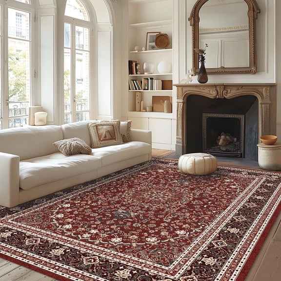 Pentantan 9'x12' Area Rug for Living Room, Red Retro Style Washable Rug with Anti-Slip Backing