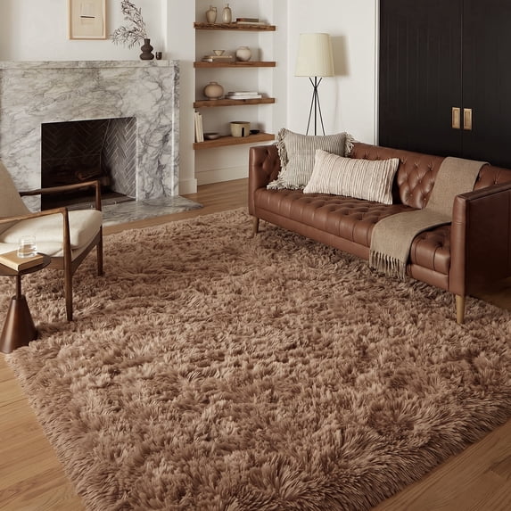 Pentantan 9ft x 12ft Shag Area Rugs, Fluffy Rug for Living Room Bedroom, Soft Plush Pile Indoor Carpet, Brown