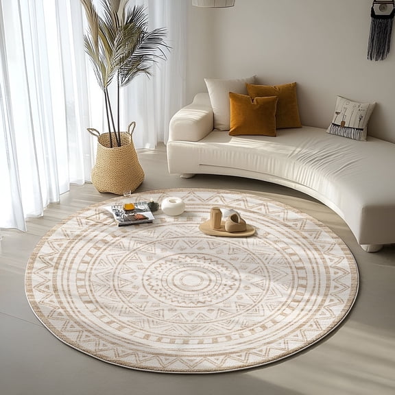 Pentantan 4'x4' Vintage Round Area Rugs, Machine Washable Living Room Rug, Soft Moroccan Indoor Carpet for Bedroom, Brown