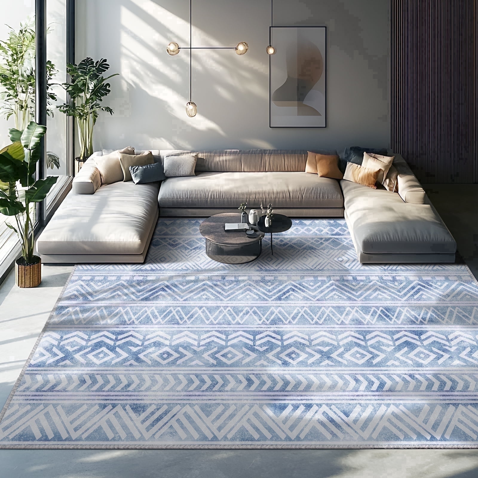 Pentantan Area Rugs 5'x7', Machine Washable Neutral Geometric Living Room Rug, Soft Moroccan Indoor Carpet for Bedroom, Blue