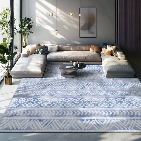 Pentantan Area Rugs 6'x9', Machine Washable Neutral Geometric Living Room Rug, Soft Moroccan Indoor Carpet for Bedroom, Blue