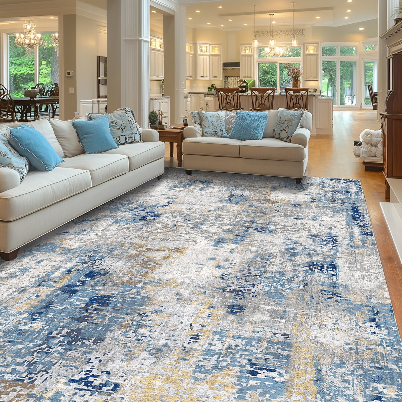 Blue Abstract 9' x 12' Washable Synthetic Area Rug