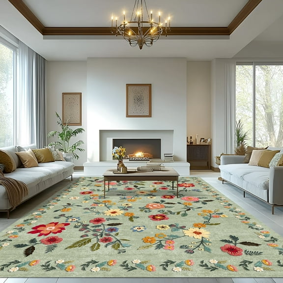 Pentantan 9'x12' Floral Area Rugs, Machine Washable Rug for Living Room- Soft Indoor Carpet, Low Pile for Bedroom, Dining Room, Playroom, Office, Green