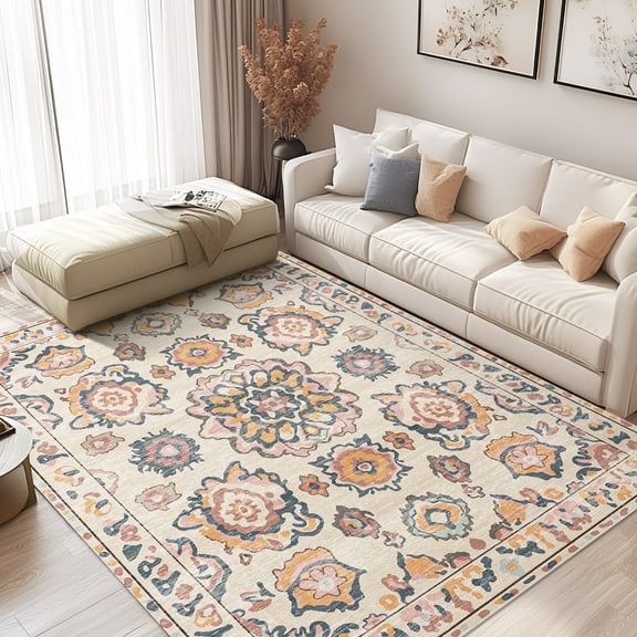 Boho 5'x7' Area Rugs for Living Room, Soft Machine Washable Rug, Neutral Moroccan Design for Bedroom, Dining Room, Playroom