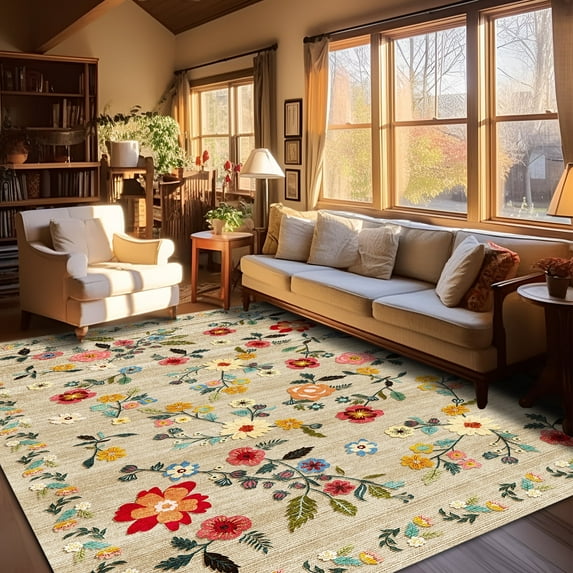 Pentantan 8'x10' Floral Area Rugs, Machine Washable Rug for Living Room- Soft Indoor Carpet, Low Pile for Bedroom, Dining Room, Playroom, Office