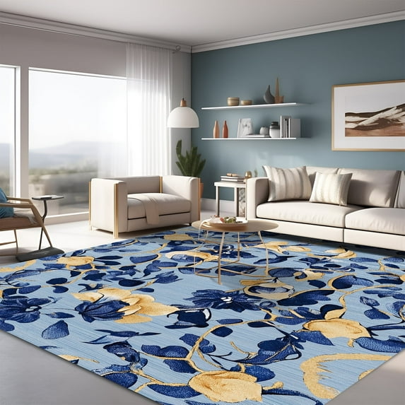Pentantan 5'x7' Floral Area Rugs, Machine Washable Rug for Living Room- Soft Indoor Carpet, Low Pile for Bedroom, Dining Room, Playroom, Office, Blue