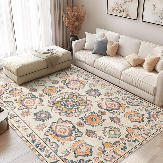 Pentantan Boho 8 ft x 10 ft Area Rug for Living Room, Beige Moroccan Design, Machine Washable