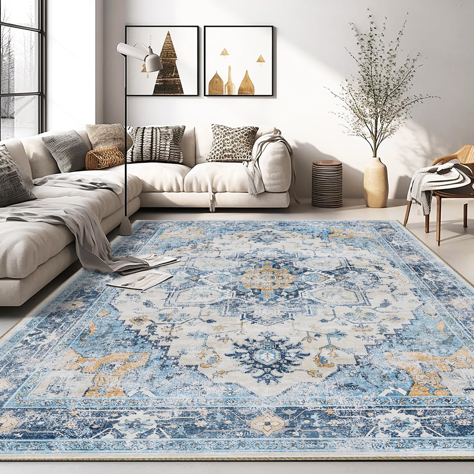 Pentantan Area Rugs for Living Room, Boho 9'x12' Washable Bedroom Rug, Non Slip Indoor Carpet, Blue