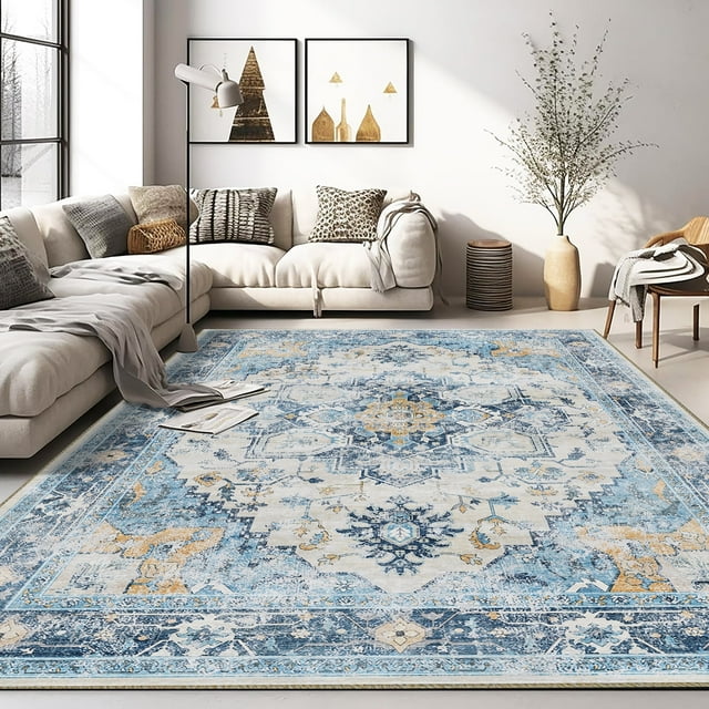 Pentantan Area Rugs for Living Room, Boho 9'x12' Washable Bedroom Rug, Non Slip Indoor Carpet, Blue