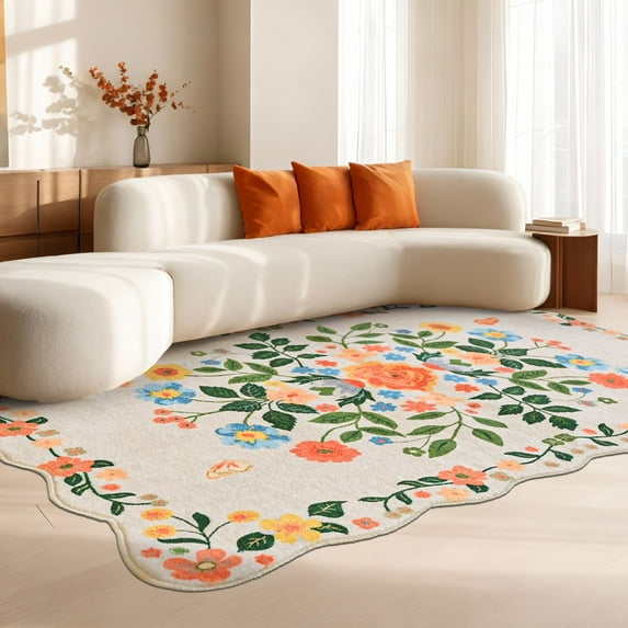 Pentantan Floral Area Rugs 5'x7', Machine Washable Rug for Living Room Non-Slip Vintage Soft Indoor Carpet for Bedroom, Dining Room, Playroom, Office, Beige