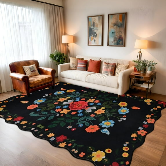 Pentantan Floral Area Rugs 6'x9', Machine Washable Rug for Living Room Non-Slip Vintage Soft Indoor Carpet for Bedroom, Dining Room, Playroom, Office, Black