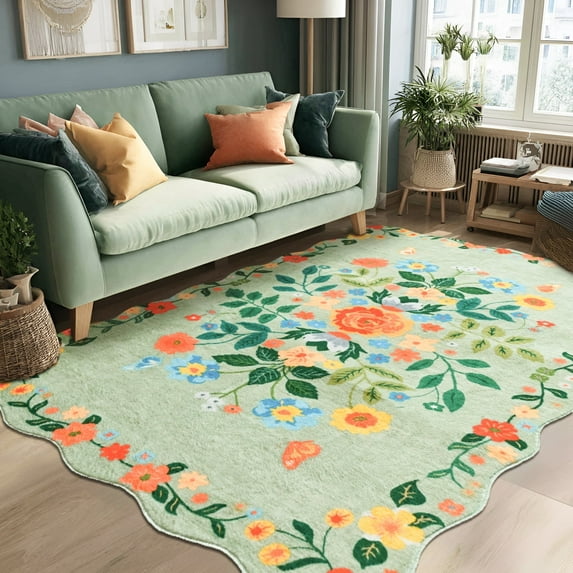 Pentantan Floral Area Rugs 6'x9', Machine Washable Rug for Living Room Non-Slip Vintage Soft Indoor Carpet for Bedroom, Dining Room, Playroom, Office, Green
