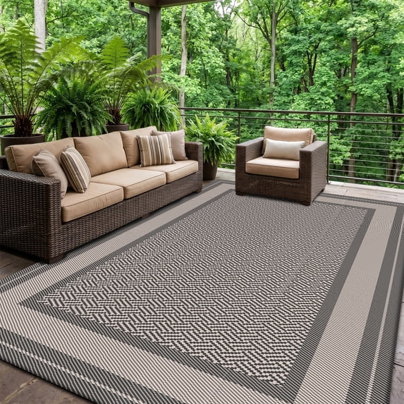 Pentantan Outdoor Rug 6'x9' Waterproof Reversible Portable Plastic Outside Mat for Patios, Geometric Lightweight Straw Rugs for RV Camping Garden, Dark Grey and Beige