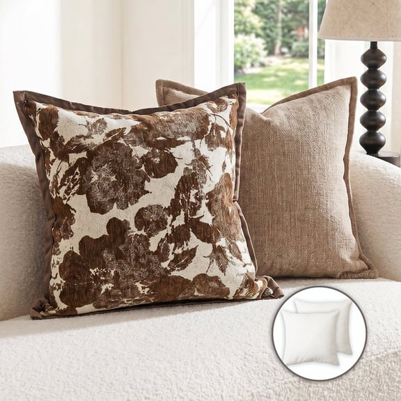 Pentantan Decorative Throw Pillow, 18"x18" Soft Couch Pillows with 2-Pack Inserts, Boho Floral Cushion for Sofa Living Room Bedroom, Brown