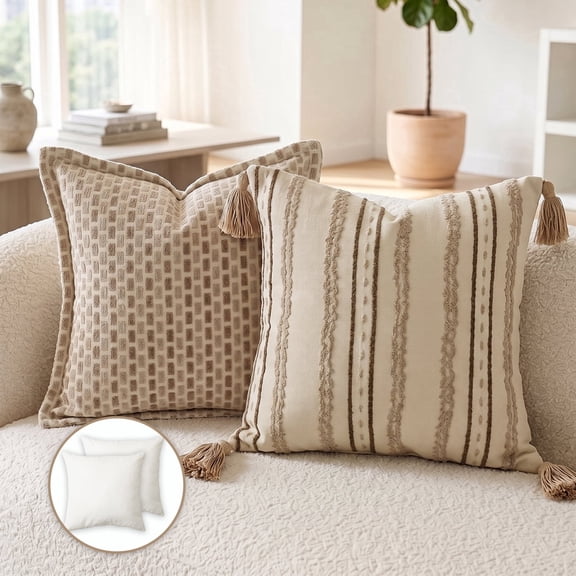 Pentantan Decorative Throw Pillow, 18"x18" Soft Couch Pillows with 2-Pack Inserts, Farmhouse Boho Chenille Cushion for Sofa Living Room Bedroom, Beige