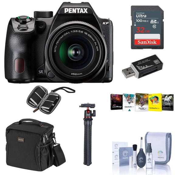 Pentax KF DSLR Camera with DA L 18-55mm f/3.5-5.6 AL WR Lens, Bundle with Alpine 160 Shoulder Bag, 32GB Memory Card, MT-11 Tripod, PC Software Kit