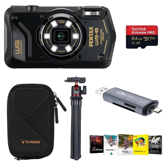 Pentax WG-8 All-Weather Camera, Bundle with 64GB Memory Card, Case, MT-11 Tripod, Card Reader, Software Kit