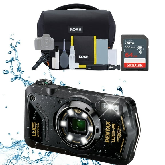Pentax WG-8 All-Weather Camera with Heavy-Duty Construction and 5x Optical Zoom Lens (Black) Bundle with Street Camera System Gadget Bag and 64GB Extreme Pro SDXC UHS-I Memory Card (3 Items)