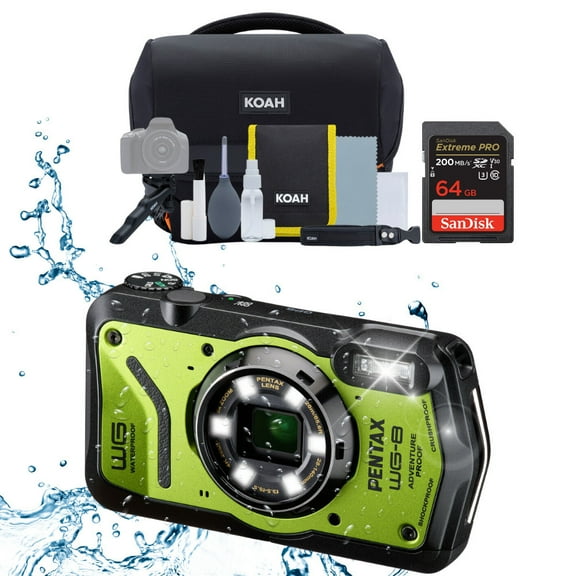 Pentax WG-8 All-Weather Camera with Heavy-Duty Construction and 5x Optical Zoom Lens (Green) Bundle with Street Camera System Gadget Bag and 64GB Extreme Pro SDXC UHS-I Memory Card (3 Items)